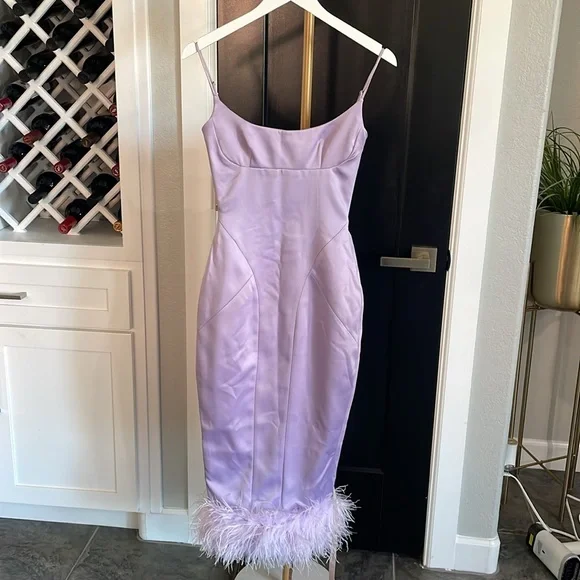 NWT House‎ of CB Helena Orchid Satin Midi Dress with Feathers Sz XS $285 Midi